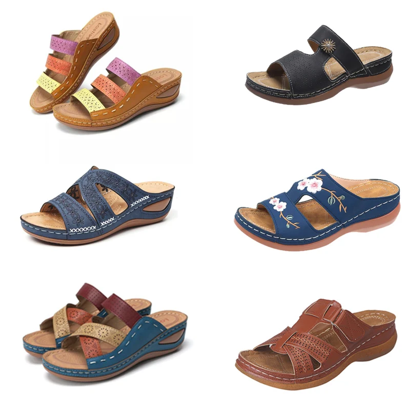 

2022summer new women'swedge sandals seniororthopedic open toe slippers retro non-slip leathercasualwomen'sthick sole retro shoes