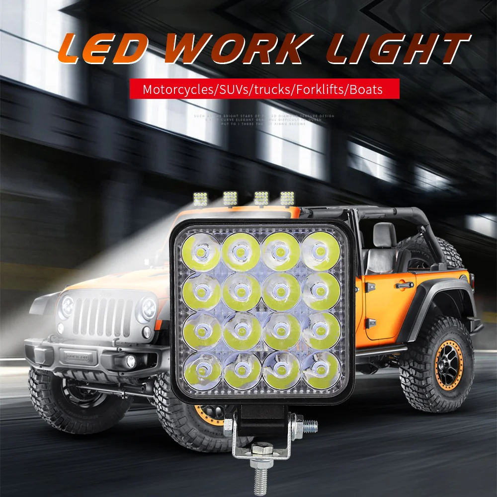 

24V 2PCS 12V LED Car Work Light 16LED Spotlight Flood Work Light 48W 1000LM Car SUV Off-road LED Light Bar Car Accessories 6000K