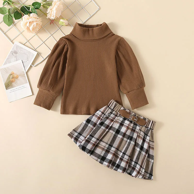 

1-6 Years Toddler Girls Autumn Clothes Set Solid Color Turtleneck Ribbed Knitwear Tops+Plaid Skirt 2PCS