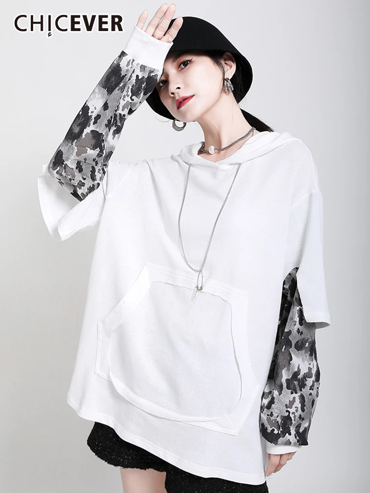 

CHICEVER Print Hooded Sweatshirts For Women Hooded Collar Long Sleeve Patchwork Chain Loose Hoodies Female 2022 Autumn Fashion