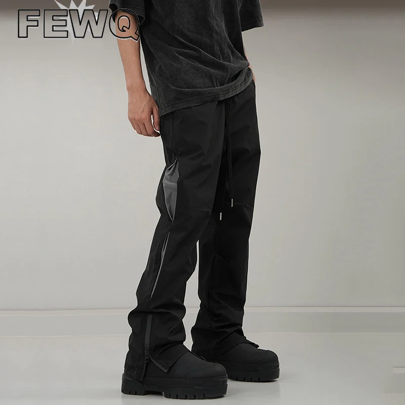 

FEWQ Zipper Split Casual Pant Spliced Stitching Color Male Straight Trousers Drawstring High Street Tech Wear Autumn New 24B2505