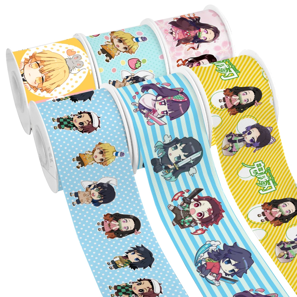 

New Japanese Cartoon Demon Slayer Design Printed Grosgrain Satin Ribbon for Gift Wrapping Hair Bow 50 Yards