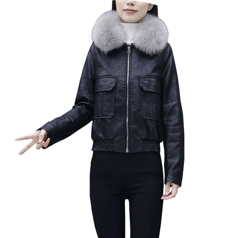 

2023 Winter Women Warm Top New Female Fashion Fur Collar Plus Size Coat Thickened Cotton PU Leather Jacket OK1046