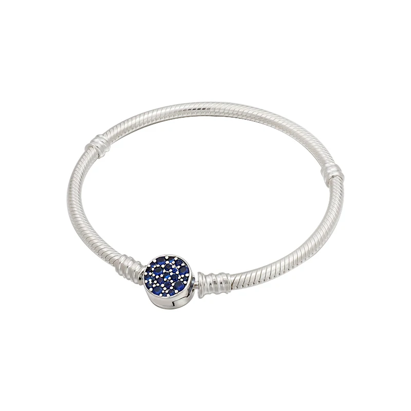 

2022 new 100% silver High quality Moments Sparkling Blue Disc Clasp Snake Chain Bracelet DIY European fashion jewelry