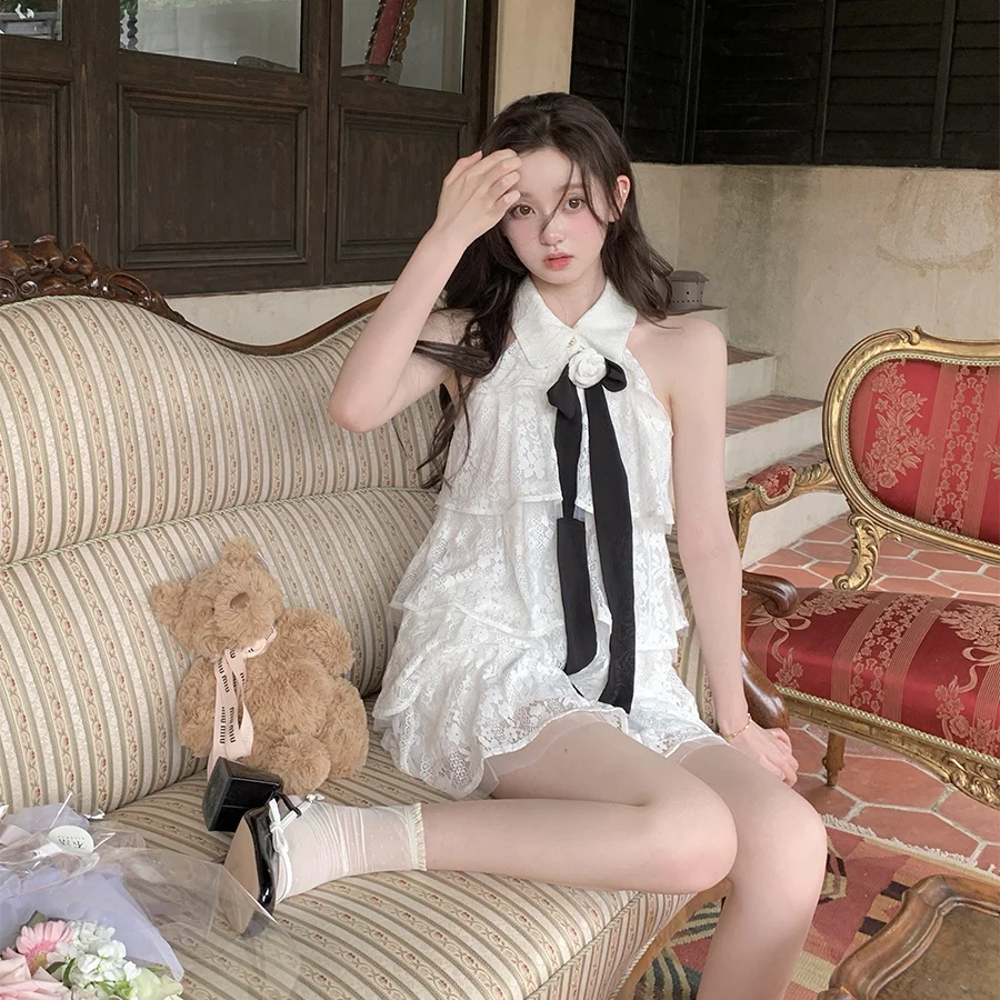 

Summer Dress British Style Princess Lace Embroidered Cake Dress Female Polo Collar Sleeveless Short Dress for Girls White