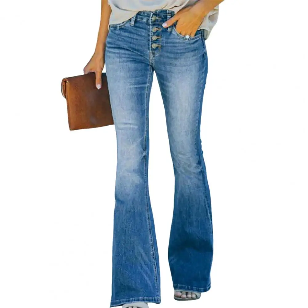 

Women Jeans High Waist Button Zipper Closure Slightly Elastic Multi Pockets OL Commute Bell-bottomed Pants Women Clothes