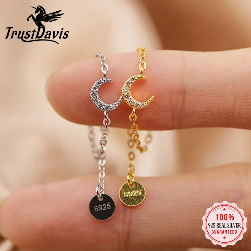 

TrustDavis Authentic 925 Sterling Silver Sweet Moon CZ Beads Chain Opening Finger Ring For Women Wedding Party Jewelry DA2053