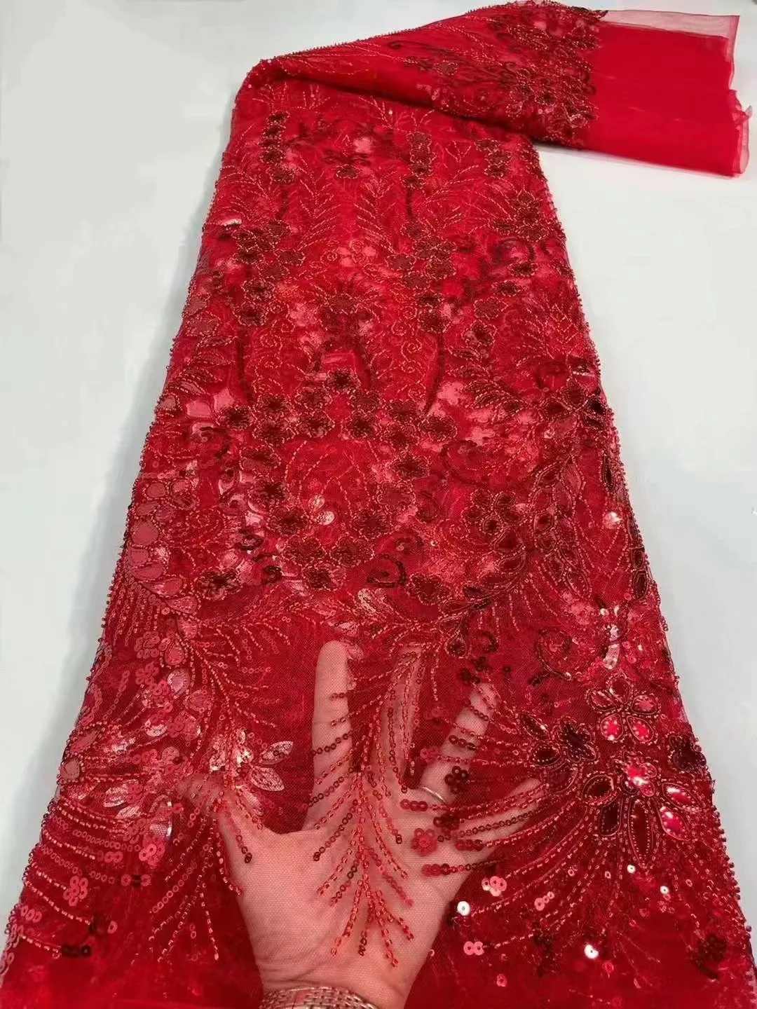 

Red Luxury Cassic African sequins lace fabric Embroidered French Hand Made Beaded Tub Lace Fabric for Wedding Dress