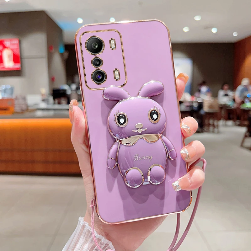 

Cute Cartoon Rabbit Fold Stand For Infinix Tecno Zerox 5G Phone Case With Lanyard Luxury Plating Cover