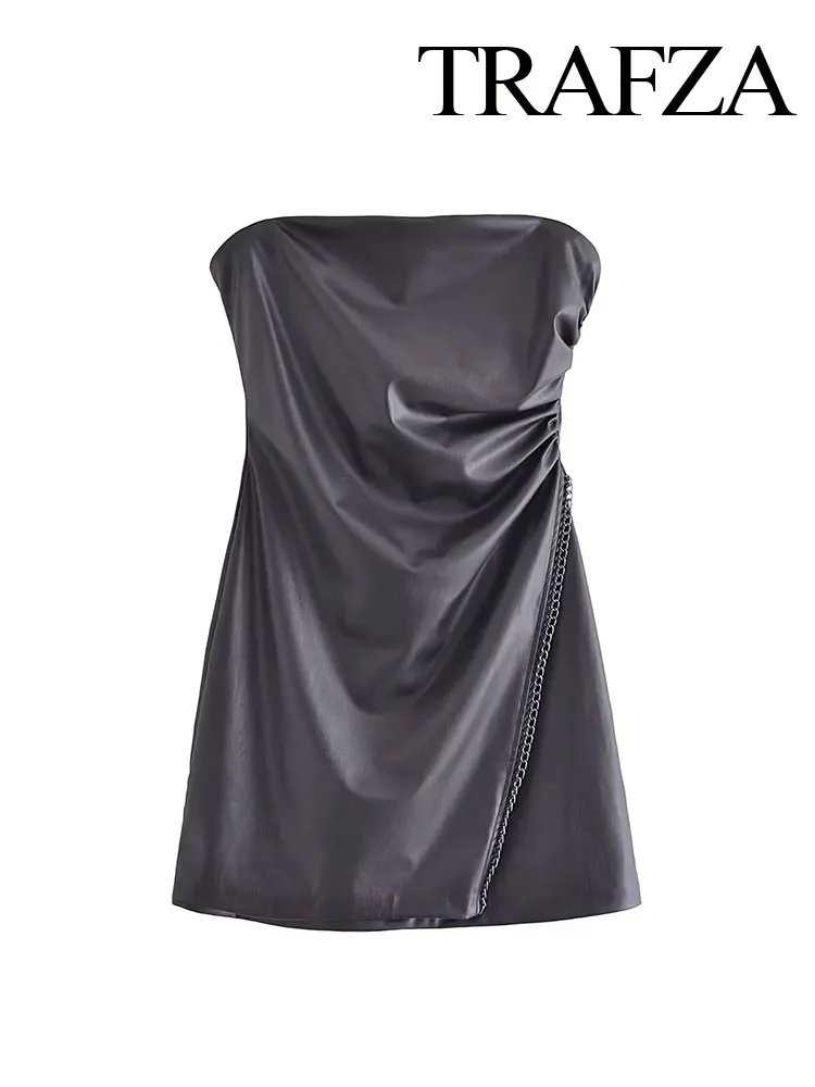 

Тонкая летняя женская мини-юбка траф из искусственной кожи с украшением цепочкой плиссированное платье без рукавов без бретелек приталенное женское платье Y2K