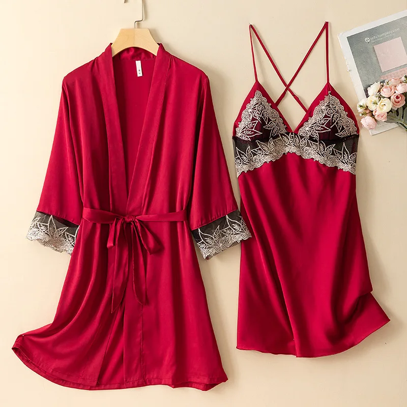 

Lace Patchwork Kimono Bathrobe Gown 2PCS Suit Women Robe Set Satin Sleepwear Perspective Intimate Lingerie Home Clothes