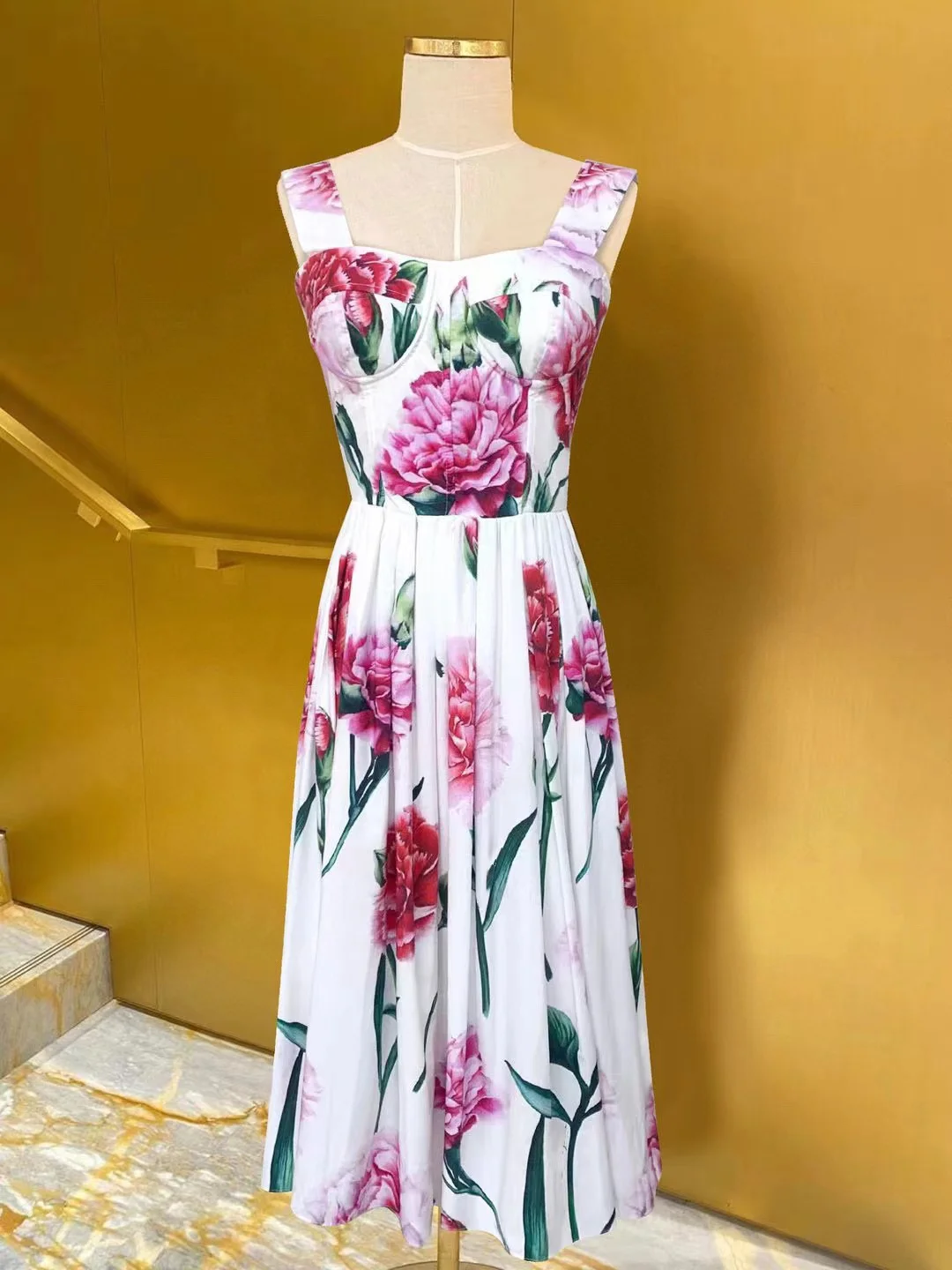 Fyion High Quality 2023 Summer Women Fashion Runway Top Holiday Midi Floral Print Dress Ladies Slim Hot Sale A-Line Dresses