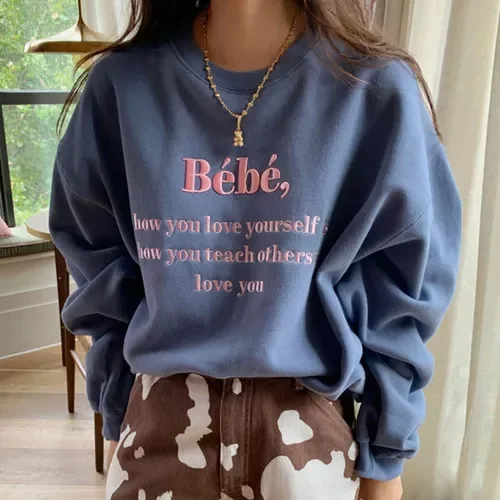 

NEW 2023 New Simple Versatile Sweatshirts O-neck Long Sleeve Loose Kawaii Hoodie Female Letter Print Casual Tops Women