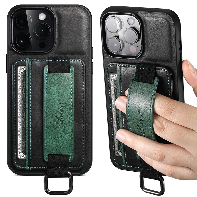 

For iPhone 15 Pro Max Case Luxury Leather Wristband Bracket Cover for iPhone 15Pro/ iPhone 14 Pro Max case capa With Card Slots