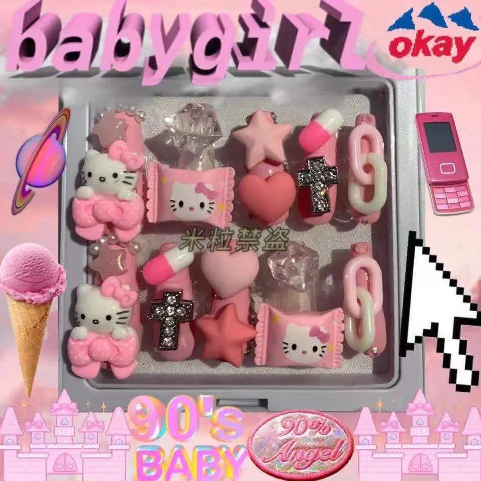 

Kawaii Hello Kitty Sanrio Y2k Fake Nails with Glue Hot Girl Pink Niche Ins Style Press on Nails Y2k KT Gifts for Girls Women