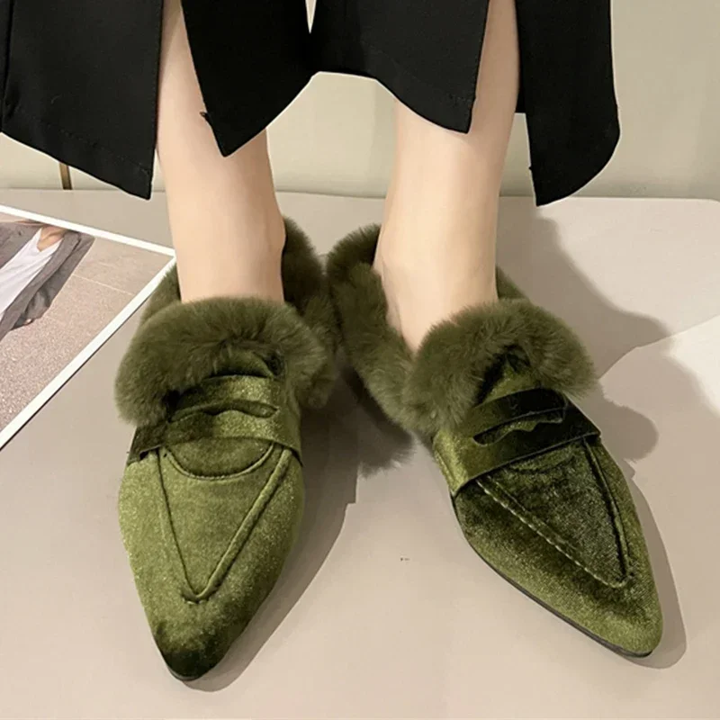 

Winter Pointed Toe Flats Loafers Women Shoes Fur Mules Casual Shoes 2024 Fashion Designer Warm Office Shoes Chelsea Boots Femme