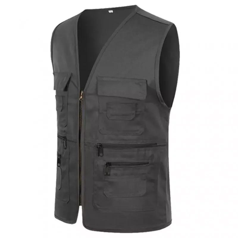 

2022New Vest Men Casual Sleeveless Cargo Jacket Multi Pocket Waistcoat Fashion Outdoor Vest Solid Color Zipper Vests Mens Clothi