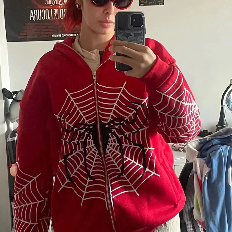 

Spider Web Red Graphic Hoodies Women's Clothing Warm Harajuku Vintage Grunge Y2k Zip Up Hoodie For Men And Women Sweatshirt Tops