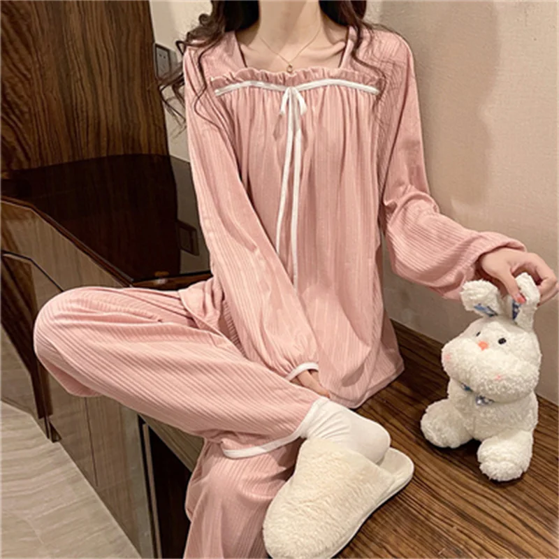 Pajamas Set Sexy Princess Cotton Bow Sleepwear For Women Elastic Pyjama Women's Soft  Fashion Sweet Homewear Clothes Big Size