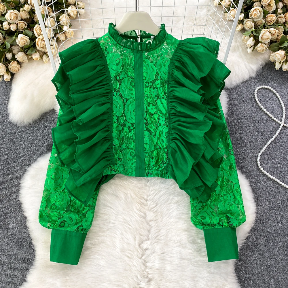 

Clothland Women Sweet Lace Ruffled Blouse See Through Long Sleeve Shirt Vintage Chic Casual Tops Blusa Mujer LA856
