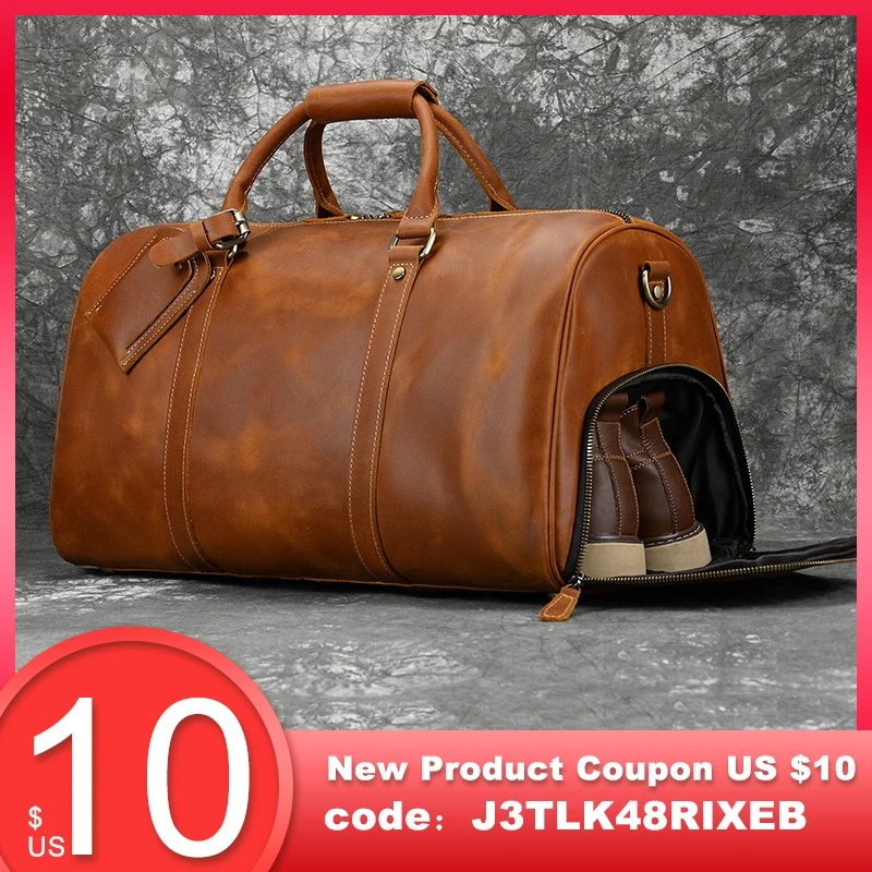 Men Retro Leather Travel Bag Full Grain Cowhide Duffle Bag With Shoes Pocket Large Capacity Overnight Handbag Weekender Duffel