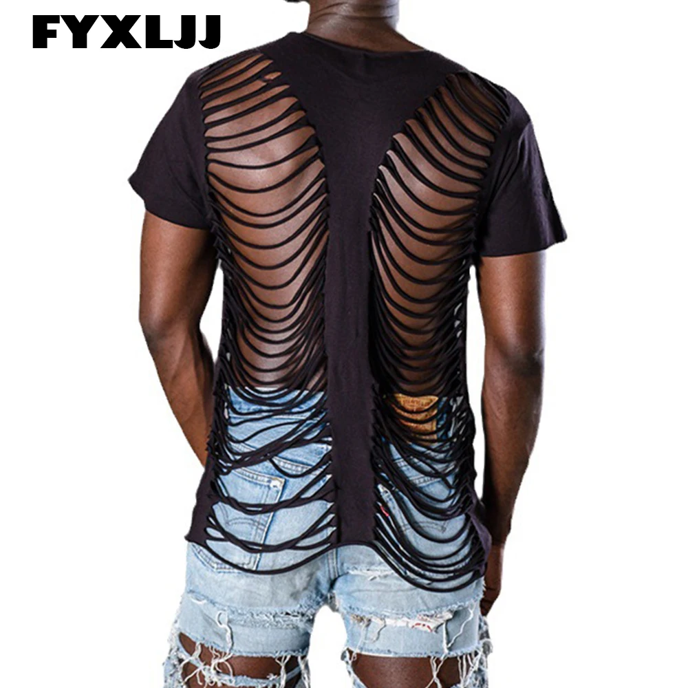 

FYXLJJ Men's Sexy Party Clubwear T-Shirts Halloween Men Solid Color Worn Out Hollow Sexy T Shirt Short Sleeve See Through TShirt