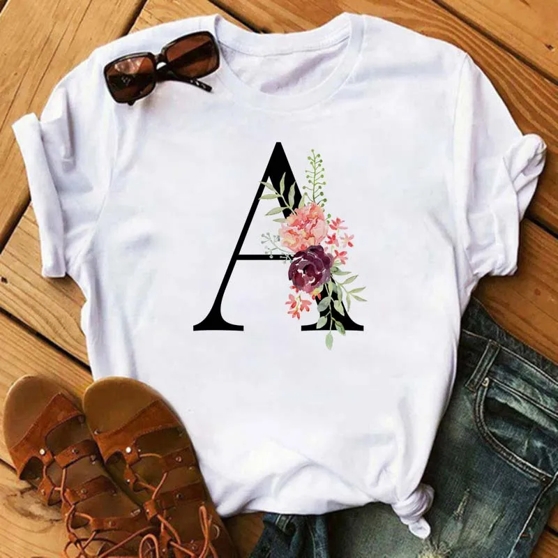 

Custom Name Letter Combination Women T Shirt Flower Letter Font A B C D Print Short Sleeve Tee Tops Female Tshirt Shirts