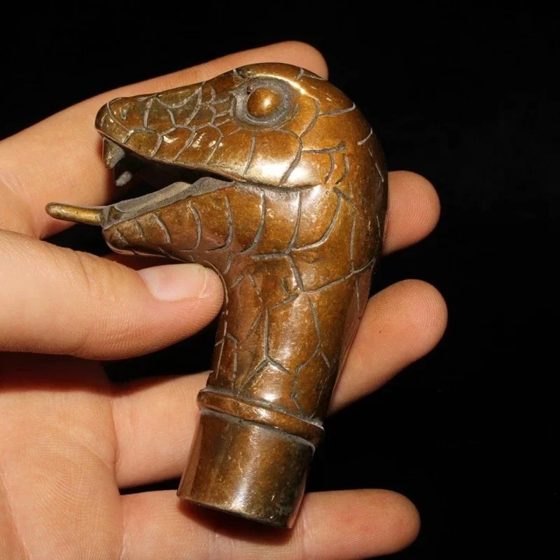 Китайский зодиак Змея Латунь Медь Ручная резная трость Трость Статуя с ручкой в
