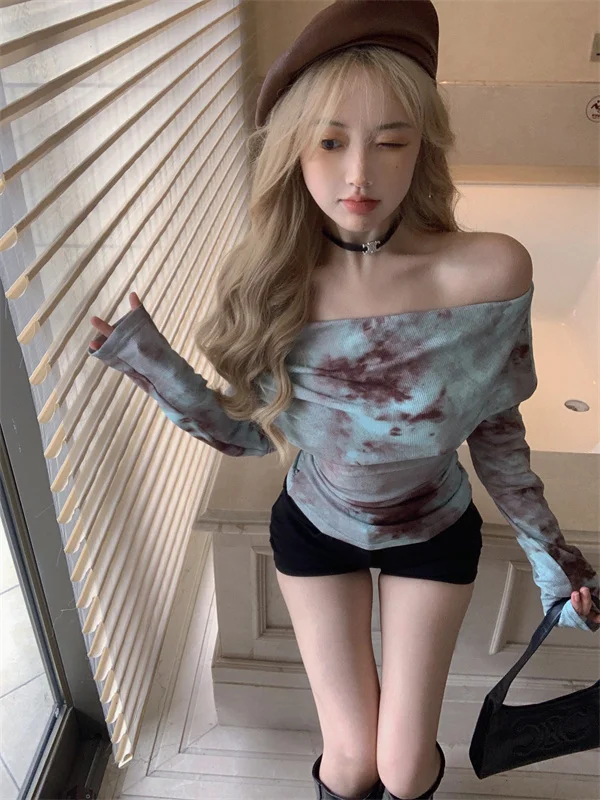 

Tie Dye Mesh T-Shirt with Hollow Shoulder Long Sleeve T Shirt Fall Autumn Women Top