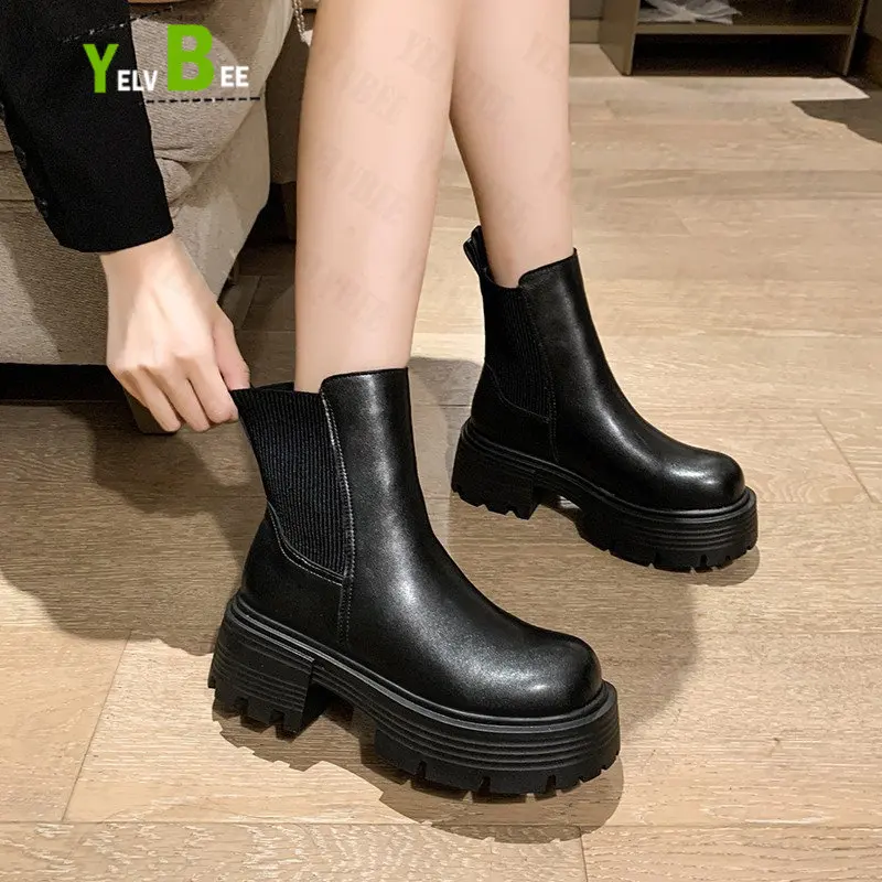 

Mid Heels Platform Chelsea Women Boots Autumn Winter New Ankle Square Heel Motorcycle Women Shoes Chunky Pumps Zapatillas 2022