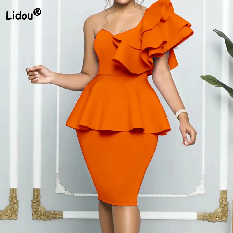 

Nightclub Fashion Off Shoulder Ruffles Patchwork Sleeveless Bag Hip Dresses Summer Sexy Oblique Shoulder Backless Pencil Skirt