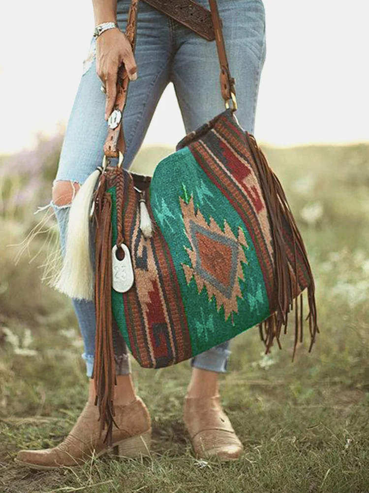

Женская сумка в этническом стиле бохо, винтажная плетеная Сумка через плечо ручной работы с кисточками в стиле ретро, Холщовая Сумка через плечо, большая вместимость