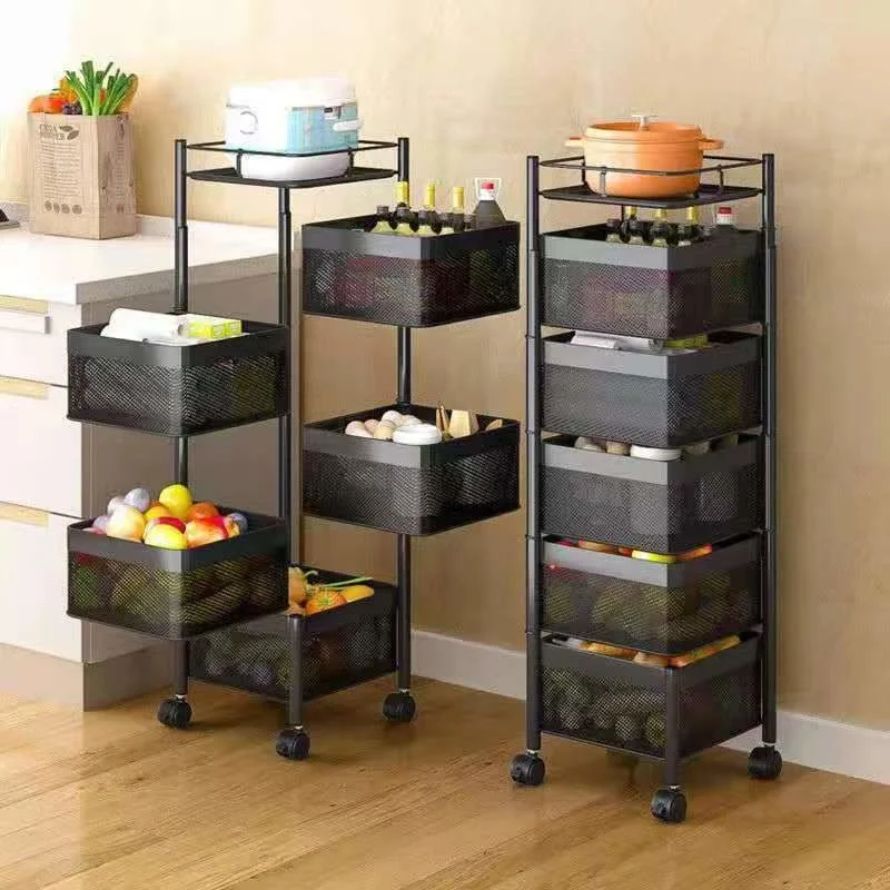 

3/4/5 Tier Rotating Storage Baskets Rack Stackable Metal Basket Kitchen Storage Shelf Cube Fruit Vegetable Organizer With Wheels