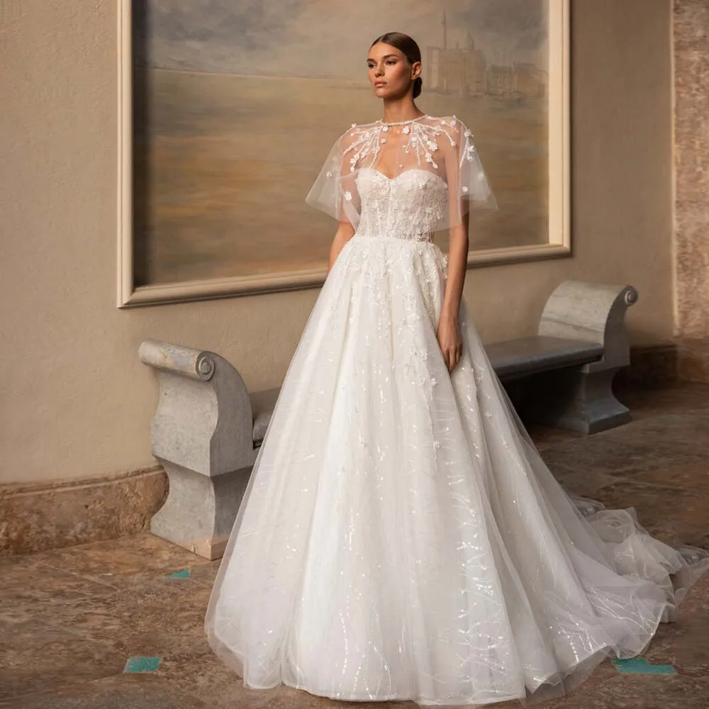 

Elegant Bride Dresses 2022 New Lace Appliques Sweetheart Bridal Gown Detachable Cape Lace Up Beaded Sequins Wedding Gown Custom