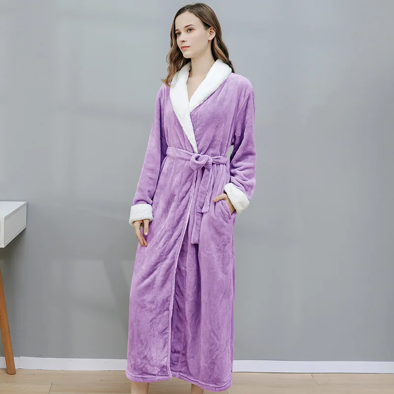 Autumn Winter Long Couple's Dressing Gown Warm Flannel Bath Belt Robes Night Sleepwear Women Men Kimono Turn Down Collar