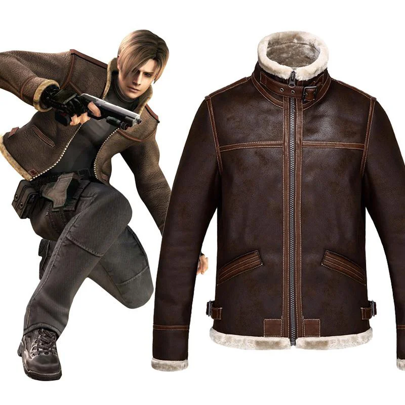 

Leon S Kennedy Motorcycle Faux Leather Jacket Men Winter Fleece Plush Riders Jacket Windbreakers Synthetic Lambswool Coat Brown