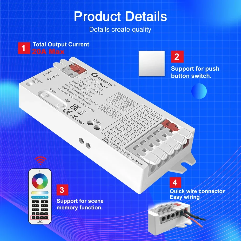 GLEDOPTO ZigBee 3 0 Pro + в 1 цветовая температура 20 А Макс. управление голосом через