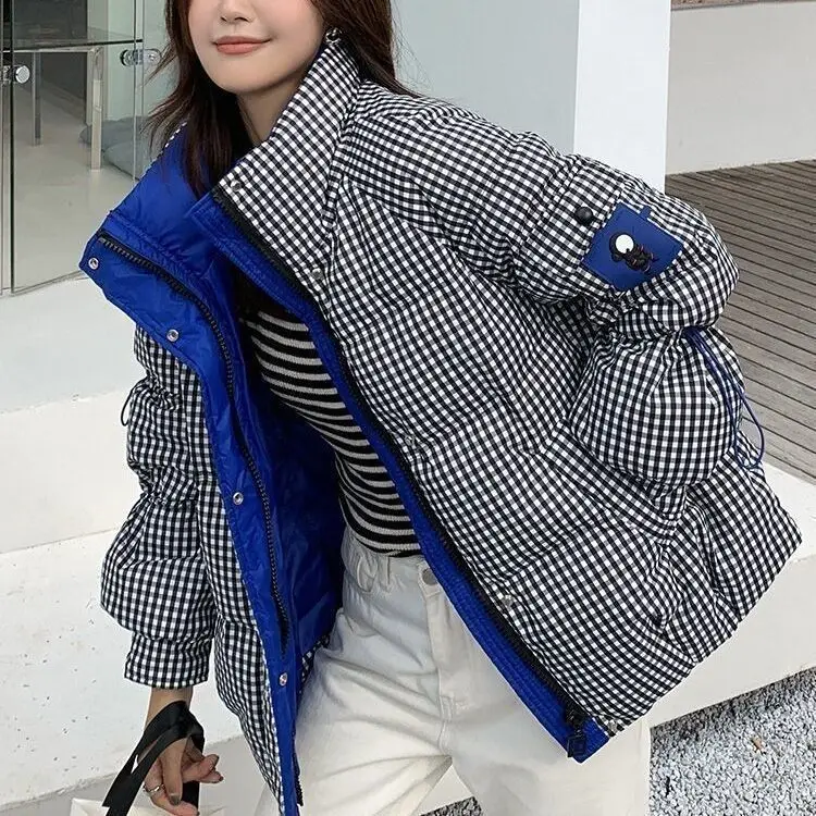 Houndstooth Stand Collar Down Jacket Women New Winter Loose Thick Warm White Duck Down Bread Coat Ladies Zipper Pockets M42