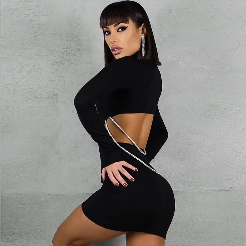 Chain Sexy Backless Cut Slim Dress Women'S Club Party Elegant Long Sleeve Mini Dress
