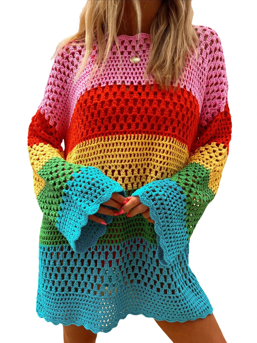 

Женское вязаное крючком мини-платье в стиле бохо, стильная сетчатая накидка с длинным рукавом для повседневного свитера, летняя пляжная мода 2022