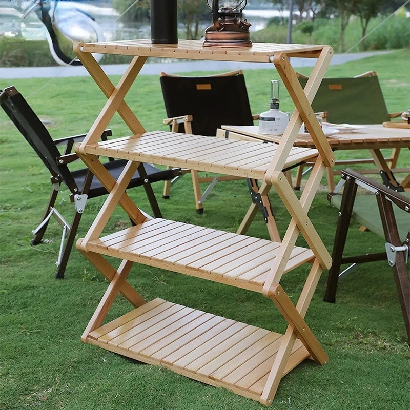 

Free Installation 4-Tire Outdoor Rack Camping Picnic Portable Multi-functional Folding Table Multi-layer Outdoor Bamboo Shelf