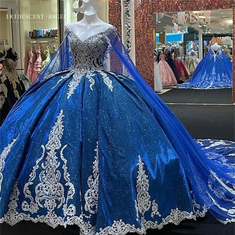 

IRIDESCENT Shiny Blue Ball Gown 15 Year Old Girl Dress Formal With Cape Appliques For Young Quinceanera Dresses Evening Party