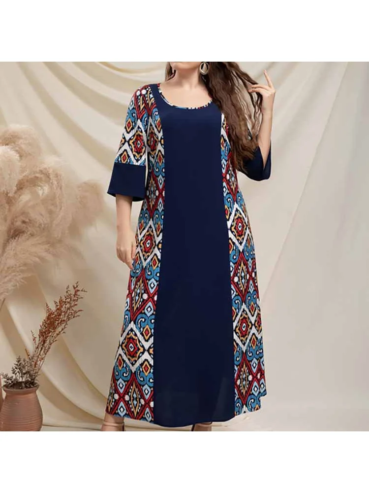 Plus-size new high-waist elasticated waist print dress women's color-block thin