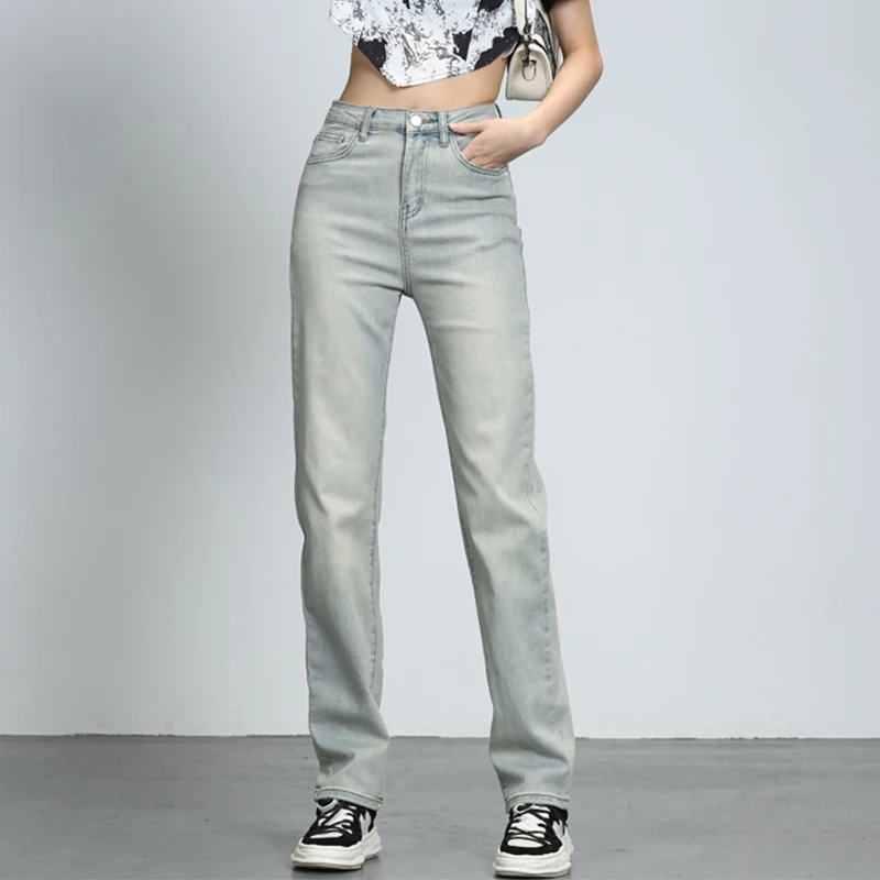 

2022 Women Straight Washing Full Length Stretchy Loose Lady Spring Autumn Office Lady Jeans 2XL Mom Jeans Mid Waist Elastic Pant