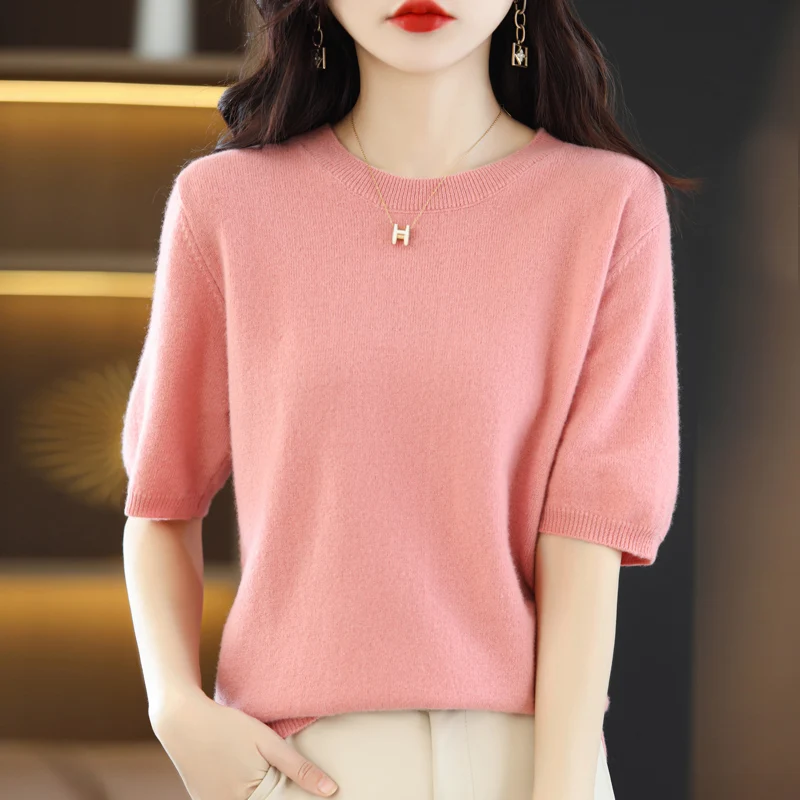 Pink Women's Sweater Knitted Short Sleeve Comfortable High Grade 100% Wool Lightweight Breathable Pullover T-shirt Free Shipping