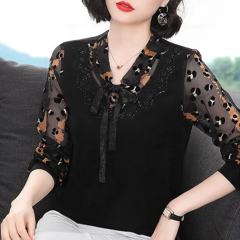 

Elegant Fashion Diamonds Spliced V-Neck Lace Up Tops Women's Clothing Loose Printed Gauze Long Sleeve T-shirt Spring Summer