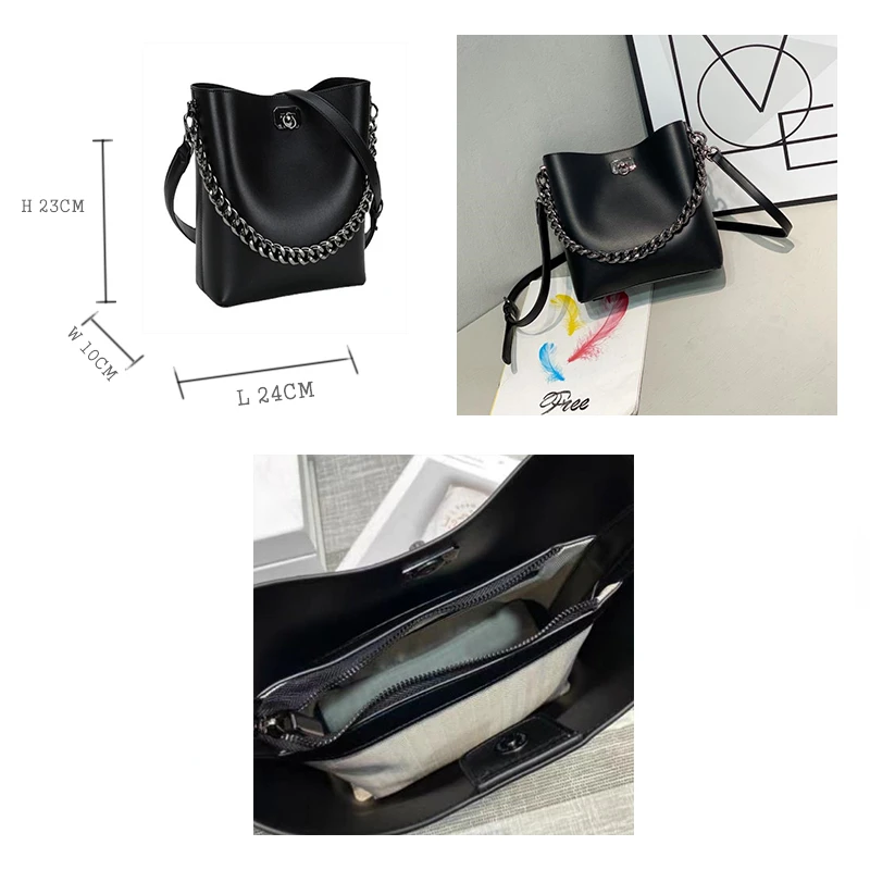 2023 New Luxury Women Shoulder Bag Genuine Leather Female Bucket Bags Lady Fashion Versatile Metal Chain Handbag Messenger Bag