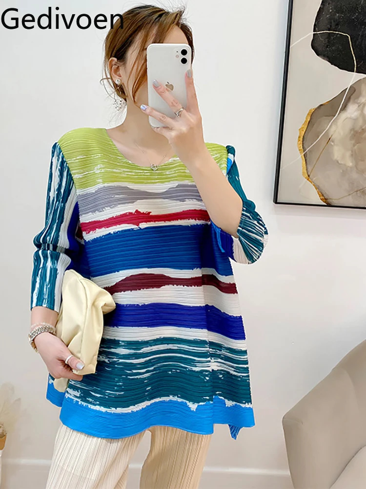Gedivoen High Quality Summer Women Fashion Designer T-Shirts 3/4 Sleeve Striped Colorblock Print Tops Loose Pleated Thin Tops