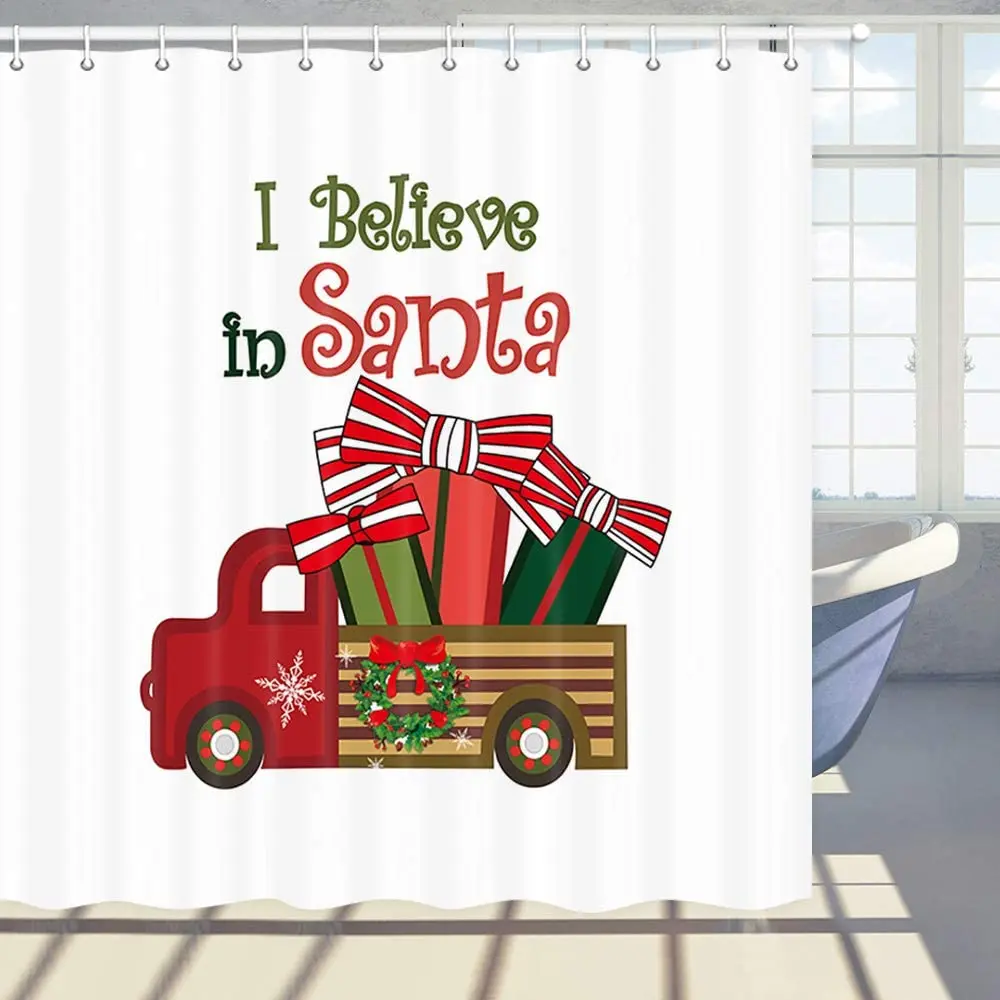 

Christmas Shower Curtain Christmas Gift Wreath Red Truck with Toys Polyester Fabric Bath Bathroom Curtains Set with Hooks
