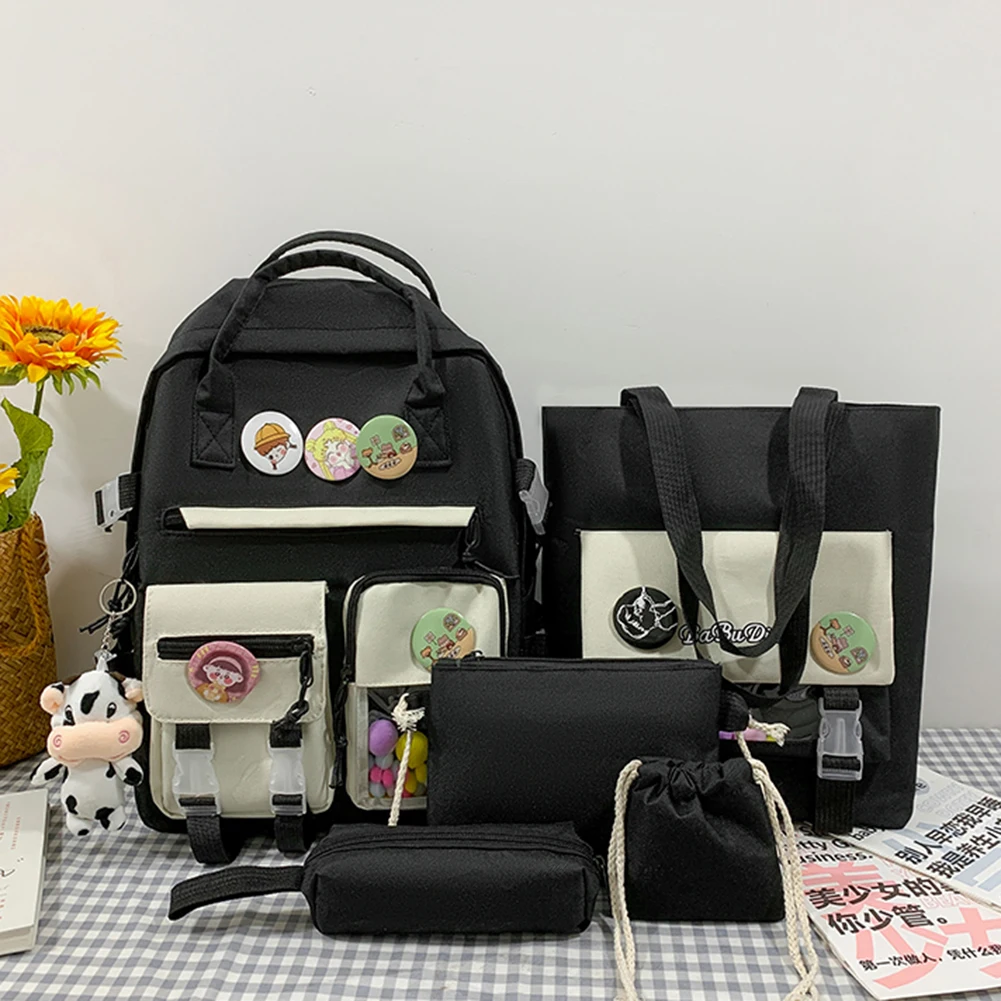 

5pcs/Set Women Nylon Hit Color Backpack Composite Bag Lady Hit Color Shoulder Bag Preppy Style Backpacks Travel Students Clutche